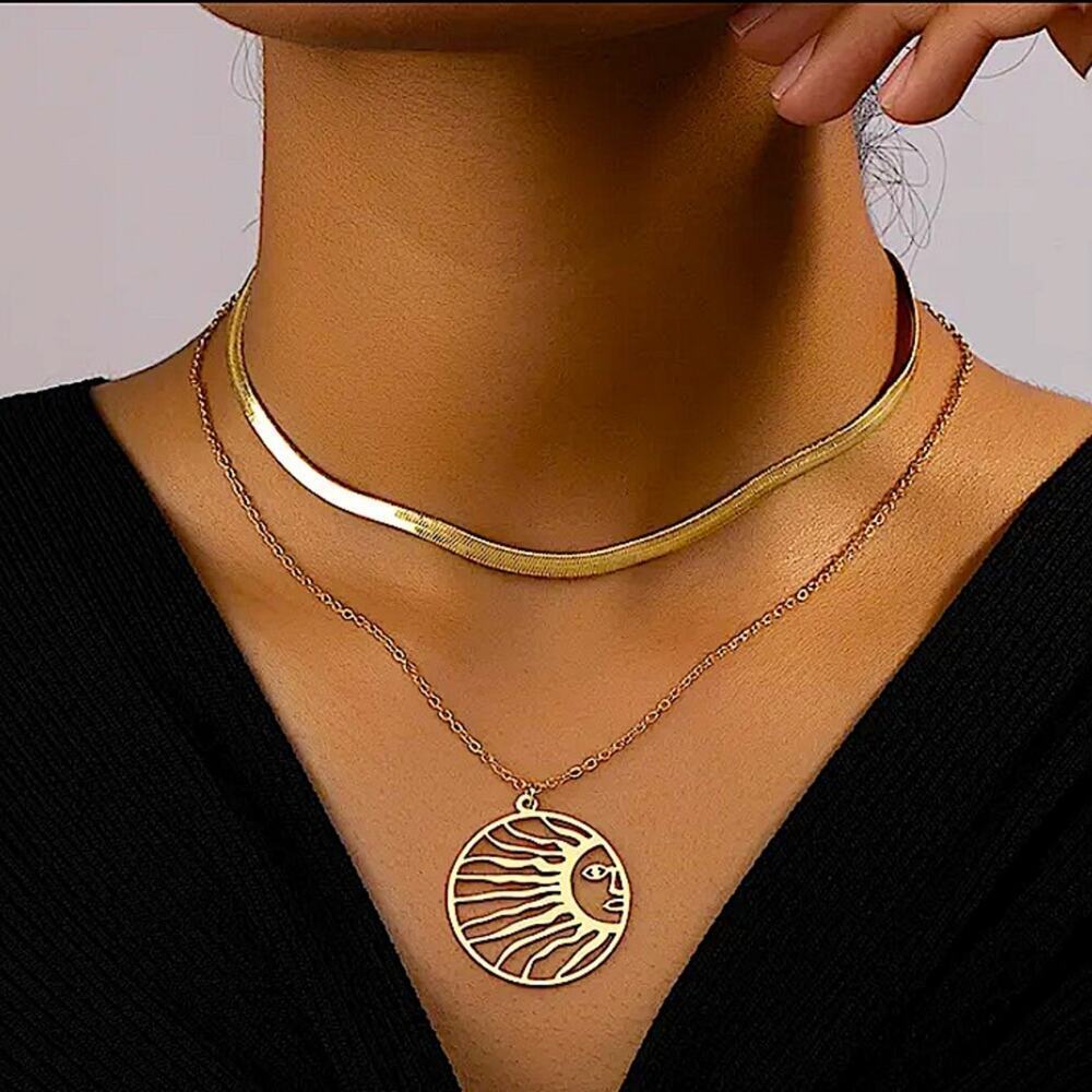 Gold Plated Sun Necklace, Herringbone, Hollow Out, Boho, Multilayer